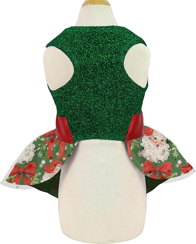 Christmas Dog Dress, Festive Holiday Pet Outfit, Shiny Green Top with Glittery Red Bow and Santa Claus Print Skirt for Boys and Girls Small Puppies
