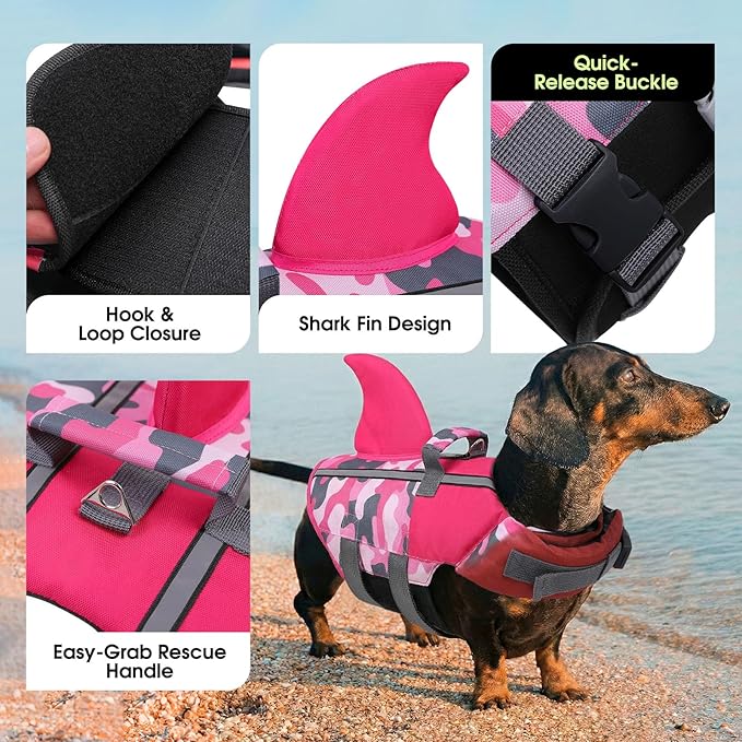 SUNFURA Dog Life Jacket Shark Life Vest for Dogs, Adjustable Swmming Vest with High Buoyancy, Safety Lifesaver with Rescue Handle for French Bulldog Small Medium Breeds, PinkCamo M