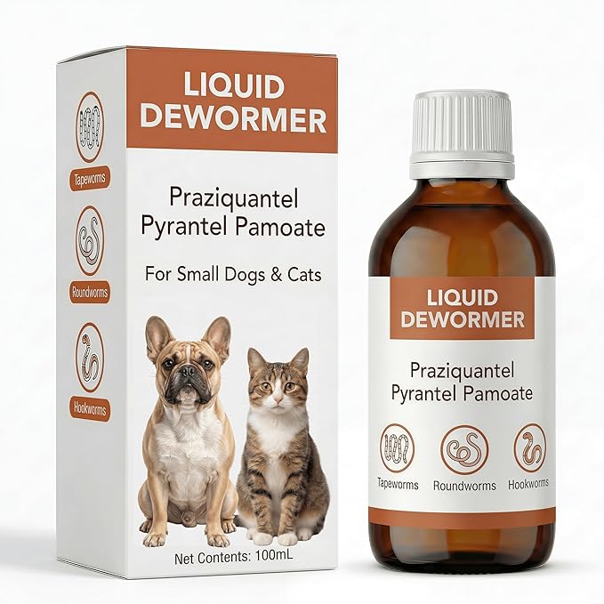 Liquid DeWormer for Dogs & Cats, Praziquantel & Pyrantel Pamoate, Targets Tapeworm, Roundworm & Hookworm, Dewormer for Puppies(6-25 lbs) & Kittens, Broad Spectrum - 100mL