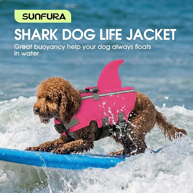 SUNFURA Dog Life Jacket Shark Life Vest for Dogs, Adjustable Swmming Vest with High Buoyancy, Safety Lifesaver with Rescue Handle for French Bulldog Small Medium Breeds, Hot Pink XS