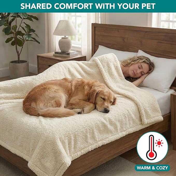 PetAmi Fluffy Waterproof Dog Blanket for Medium Large Dogs, Soft Warm Pet Sherpa Throw Pee Proof Couch Cover, Reversible Cat Bed Blanket Sofa Protector, Plush Washable Pad (Beige Cream, 40x60)