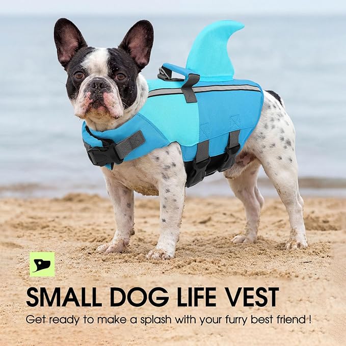 SUNFURA Dog Life Jacket Shark Life Vest for Dogs, Adjustable Swmming Vest with High Buoyancy, Safety Lifesaver with Rescue Handle for French Bulldog Small Medium Breeds, PoolBlue S