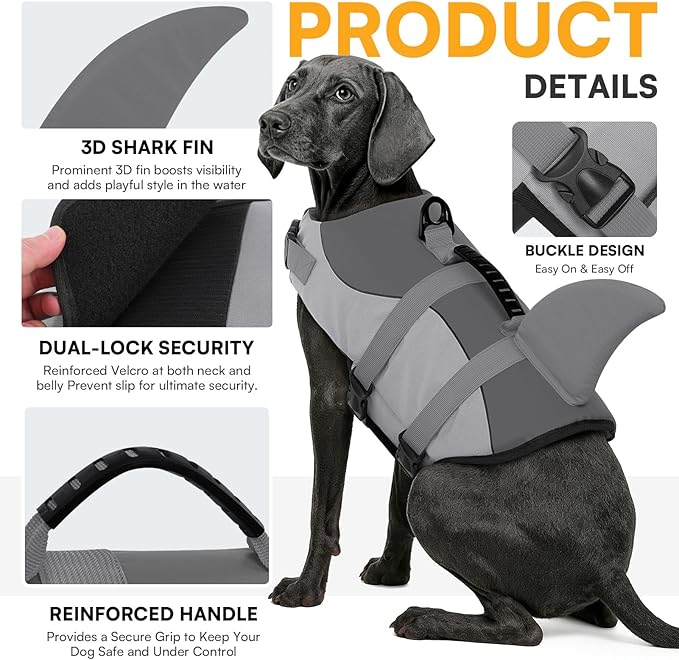 Queenmore Dog Life Jacket Ripstop Shark Dog Safety Vest Adjustable Preserver with High Buoyancy and Durable Rescue Handle for Small,Medium,Large Dogs, Grey Shark Large