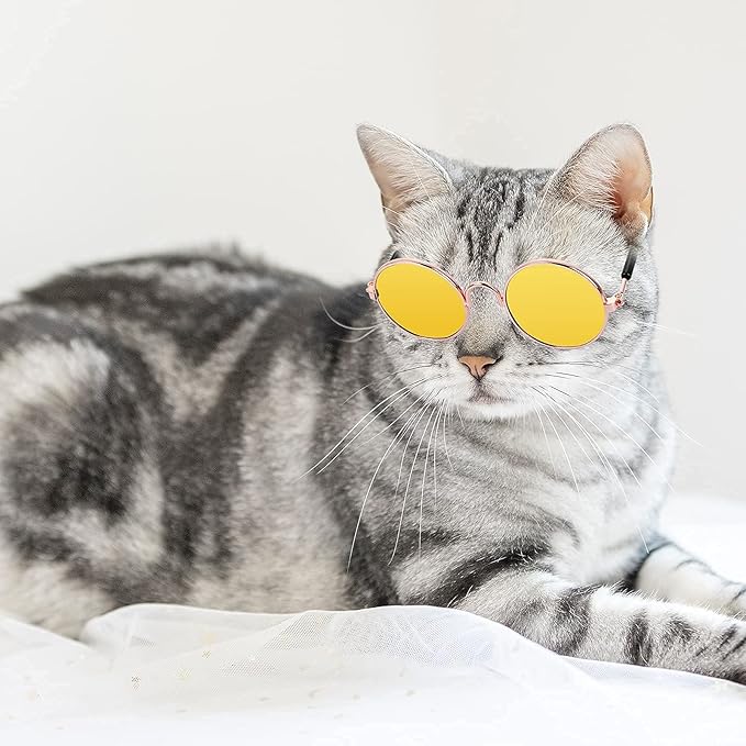 Pet Sunglasses- Cat UV Protection Classic Retro Small Dog Sun Glasses Dolls Round Sunglasses Party Cosplay Costume Photo Props Cute Funny Sunglasses (4Pcs)