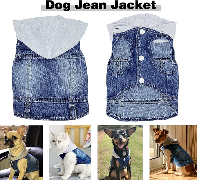 Pet Clothes Dog Jeans Jacket Cool Blue Denim Hoodie Coat, Puppy Clothing Shirt Costume, Doggy Vintage Washable Lapel Vest, Dog Classic T-Shirt Apparel for Small Medium Dogs Cats (Blue, X-Small)