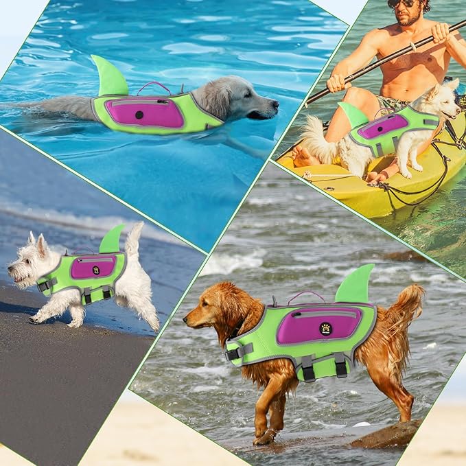 Dog Life Vests for Boating and Swimming, Dog Life Jacket with Shark Fin, Rescue Handle Pet Preserver for Medium Dogs, Neoprene Good Buoyancy Dogs Floating Safety Vest (Green, Medium)