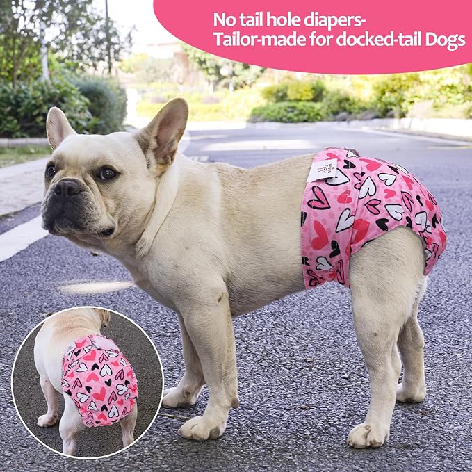 CuteBone Washable Dog Diapers Female No Tail Hole 3 Pack Reusable Doggie Period Training Pants Valentines for Docked-Tail Frenchie French Bulldog Boston Terrier Without Tail WWD20M