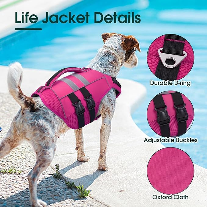 Kuoser Dog Life Jacket Large, High Flotation Dog Water Vest for Swimming Boating, Reflective Doggie Swimming Vest Pet Life Preserver with Rescue Handle, Rose L