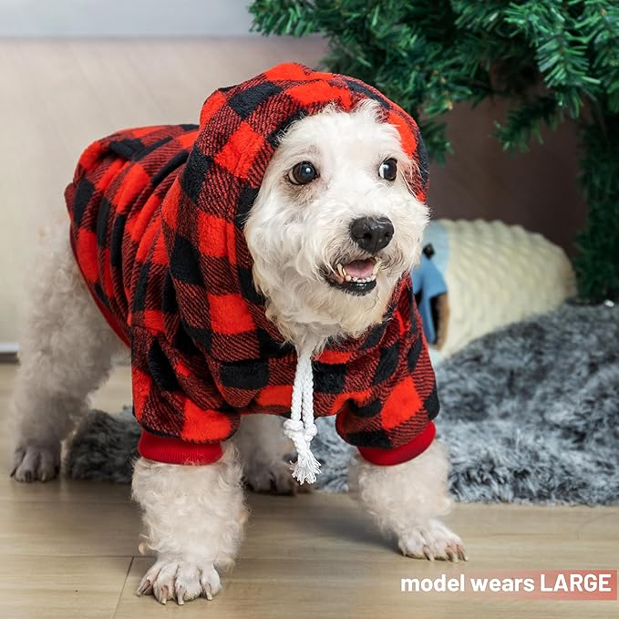 Dog Hoodie for Large Meidum Small Dogs, Winter Plaid Fleece Warm Hooded Dog Hoodies Christmas Pet Sweatshirt Clothes with Pockets for Cold Weather (S-XXL)