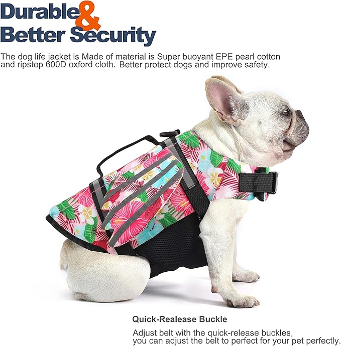 Dog Life Jacket, Wings Pet Life Vest for Swimming Boating Reflective Dog Flotation Swim Vest with Handle and Chin Float for Small Medium Large Size Dogs, S, Floral Pink