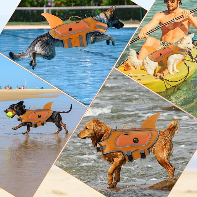 Dog Life Vests for Boating and Swimming, Dog Life Jacket with Shark Fin, Rescue Handle Pet Preserver for Medium Dogs, Neoprene Good Buoyancy Dogs Floating Safety Vest (Orange, Medium)