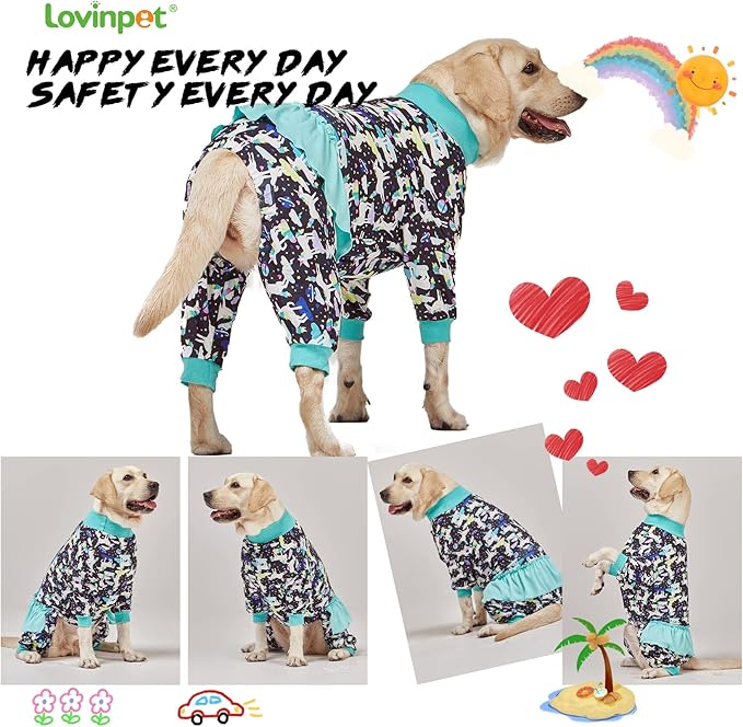 LovinPet Large Giant Dog Pajamas, Post Surgery Recovery Shirt for Large Dogs, Unicorns in Space Black Print, Lightweight Big Dogs Pullover, Full Coverage Breed Dog Jammies, Pet PJ's, 2XL