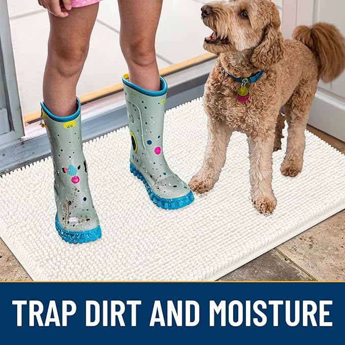 Smiry Dog Door Mat for Muddy Paws 48x30, Absorbs Moisture and Dirt Doormat, Non-Slip Washable Quick Dry Chenille Front Door Mat Indoor Entrance, Entryway Carpet for Inside Floor, Ivory