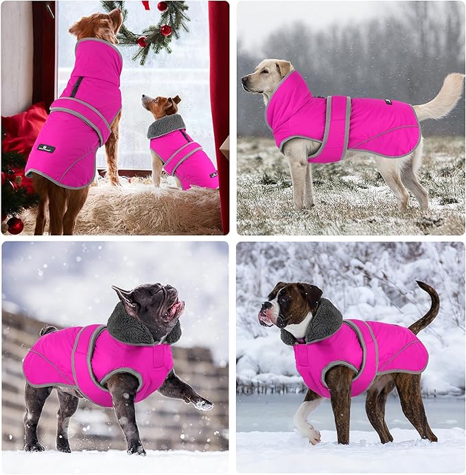 Dogcheer Dog Coat, Waterproof Dog Jacket Reflective Pet Winter Coat with Adjustable Hook & Loop, Christmas Puppy Fleece Jacket Warm Turtleneck Snowsuit for Small Medium Large Dogs - Pink, XL