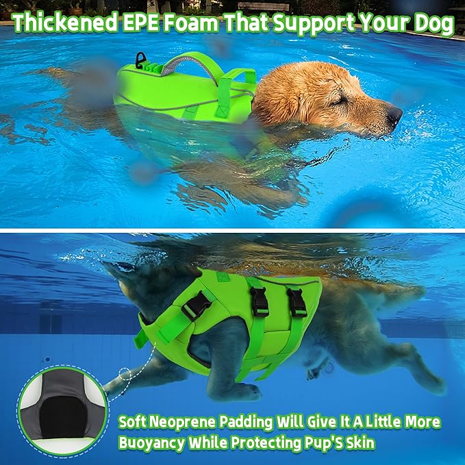 Dogcheer Dog Life Jacket with Double Rescue Handle, Reflective Dog Harness Life Vest for Swimming Boating, Adjustable Pet Swim Vest Dog Flotation Device DFD for Small Medium Large Dogs - Green XL