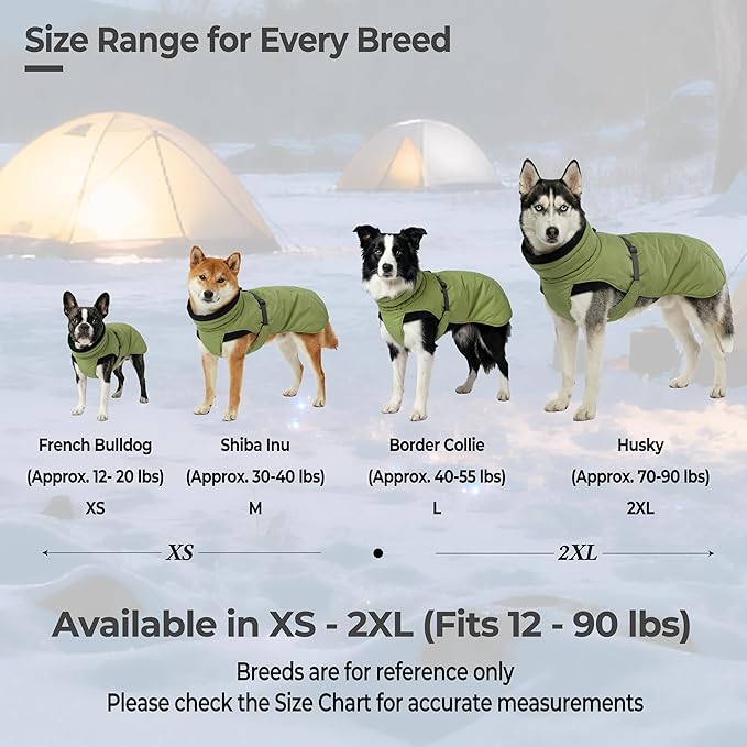Dog Winter Coat, Warm Puffer Jacket with Fur-Safe Buckle & Leash Hole for Cold Weather, Water-Repellent Snow Vest, Breathable Thermal Apparel for Hiking & Active Dogs (Green, Medium)