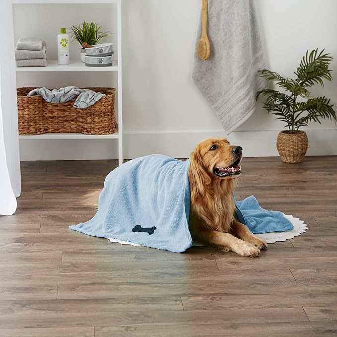 Bone Dry Pet Grooming Microfiber Towel, Embroidered Collection, X-Large,41x23.5", Blue