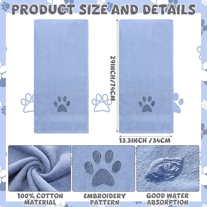 2 Pcs Dog Paw Hand Towels Blue Bathroom Decor 13 x 29 Inch 100% Cotton Embroidered Hand Towels Soft Absorbent Farmhouse for Kitchen Restroom