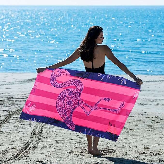 LIVILAN Pink Flamingo Beach Towel, 30" x 60" Soft Microfiber, Quick Dry, Sand Free, Lightweight and Thin, Perfect for Pool, Swim, Bath, Striped Design, Ideal Flamingo Gifts for Girls, Women, Adults