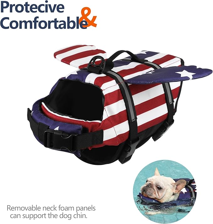 Dog Life Jacket, American Flag Wings Dog Life Vest with Chin Float Reflective Stripes and Handle, High Buoyancy Puppy Swim Floating Vest for Small Medium Large Dogs - USA Flag, M