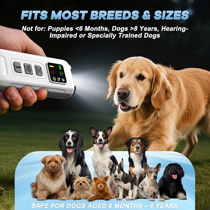 Ultrasonic Dog Bark Deterrent & Anti-Barking Training Device, 3 Modes to Stop Dog Barking, Handheld Tool, Safe, Rechargeable, Compact and Portable, Suitable for Indoor/Outdoor Use(White)