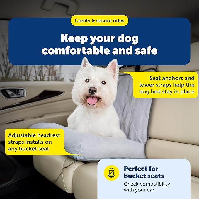 PetSafe Happy Ride Car Dog Bed - Best for Bucket Seats - Fits Cars, Trucks, Minivans and SUVs - Comfortable and Machine Washable - Durable Vehicle Pet Bed - Grey