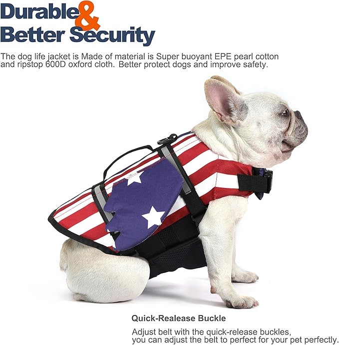 Dog Life Jacket, American Flag Wings Dog Life Vest with Chin Float Reflective Stripes and Handle, High Buoyancy Puppy Swim Floating Vest for Small Medium Large Dogs - USA Flag, S