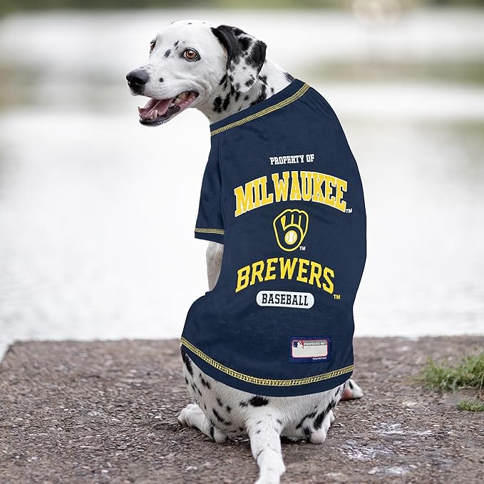 MLB Milwaukee Brewers Dog T-Shirt, X-Small. - Licensed Shirt for Pets Team Colored with Team Logos. - Premium Stretchable Materials for The Comfort of Your Dog & cat.