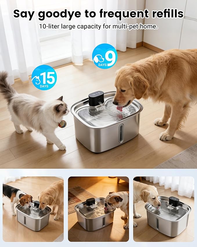 Dog Water Bowl Dispenser Large, 10L/ 338Oz Smart Dog Water Fountain Stainless Steel with APP Monitoring, Automatic Cat Water Fountain for Mutil-Pets Large Dogs 2.64Gal, 3 Fountain Modes 2.4G Wi-Fi
