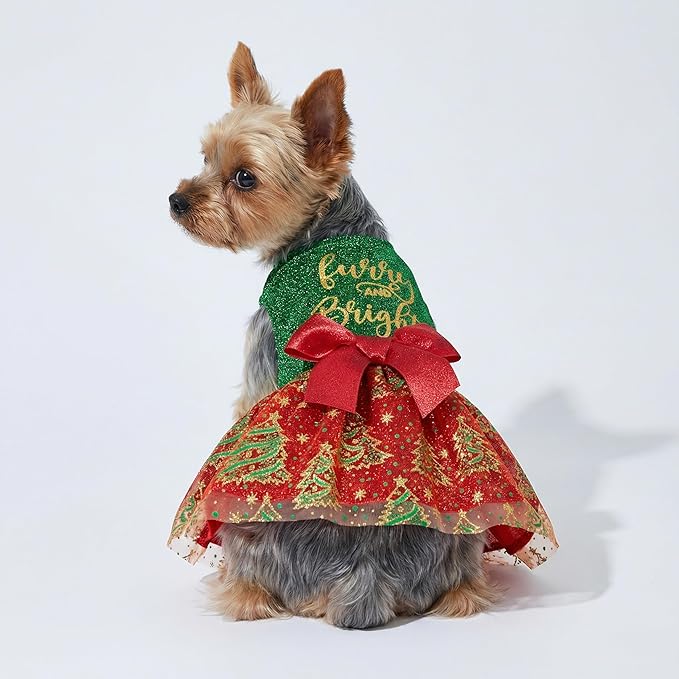 Fitwarm Furry and Bright Dog Christmas Outfit, Sparkly Pet Holiday Tulle Dress, Winter Clothes for Small Dogs - Girl, Christmas Tree Outfit - Red, Green, Golden, Medium