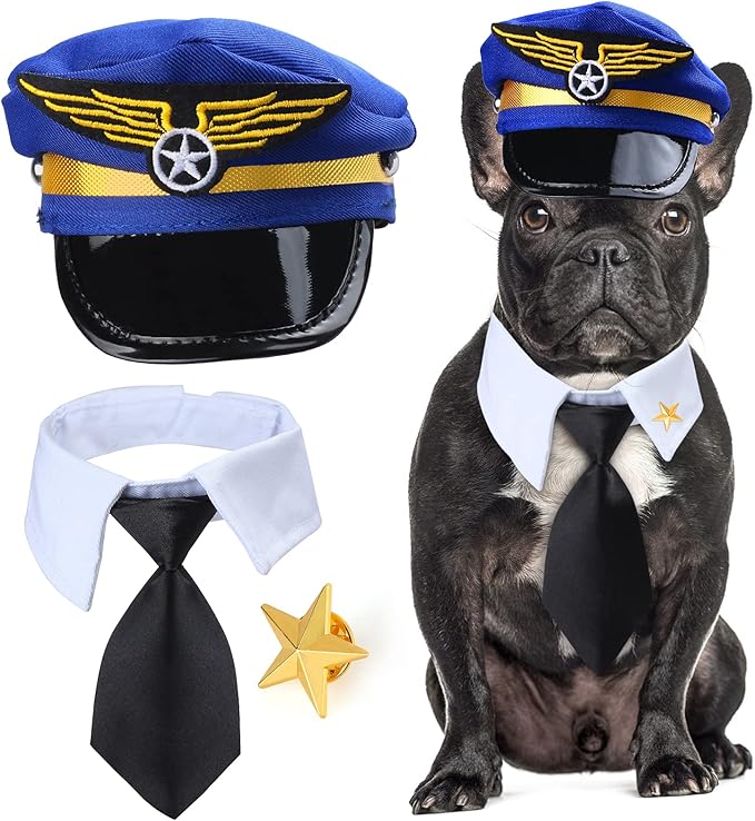 Yewong 3-Piece Pet Captain Costume Accessory Set - Dog & Cat Pilot Hat, Formal Necktie & Collar - Fancy Dress & Halloween Party (Set-A)
