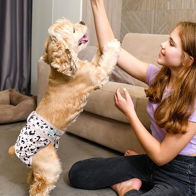 Langsprit Washable Female Dog Diapers - Doggie Reusable Diapers for Doggy Puppy Female in Period - Highly Absorbent Dog Heat Panties Leopard M