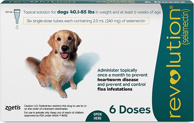 Revolution (selamectin) Topical Solution for Dogs, 40.1-85 lbs (Teal), 6 Tubes