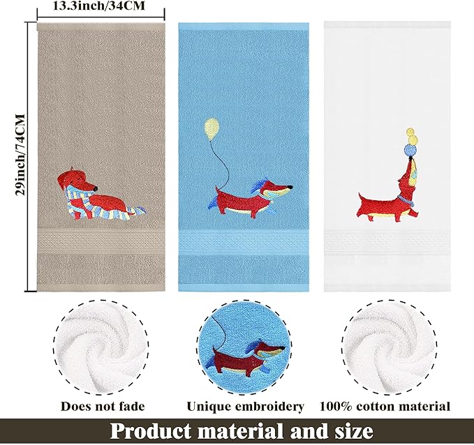 3 Pcs Embroidered Dachshund Hand Towels for Bathroom Kitchen, Cute Sausage Dog Decorative Towels, 14x29 inches 100% Cotton Bath Towels, Dog Lover Gift