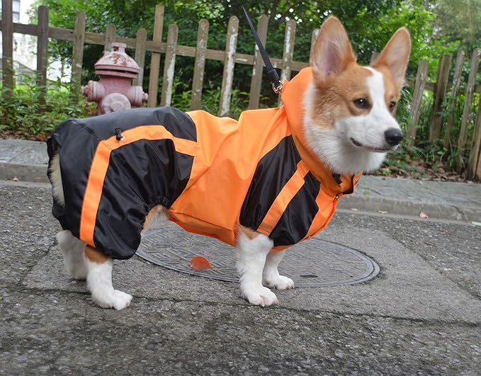Lovelonglong Welsh Corgi Dog Hooded Raincoat, Dachshund Rain Jacket Poncho Waterproof Clothes with Hood Breathable 4 Feet Four Legs Rain Coats for Corgis Dachshund Orange D-L