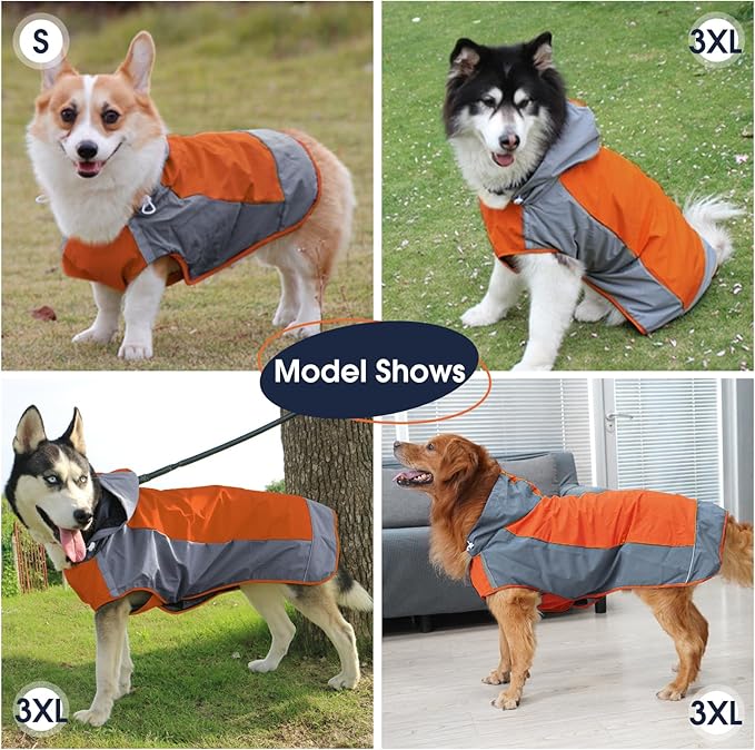 IECOii Large Dog Raincoat Waterproof,Hooded Rain Jacket Keep Dog Dry in Wet Weather,Reflective Rain Poncho Clothes with Convenient Leash Hole/Adjustable Magic Sticker/Easy On and Off/,Orange,Large
