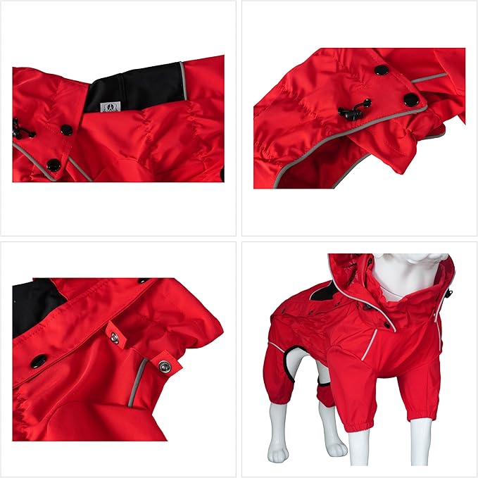 LOVELONGLONG Waterproof Dog Raincoat with Removable Hood – Outdoor Full Body Dog Jacket, Windproof Snowproof Shell Suit – All Season Pet Rain Gear Red L