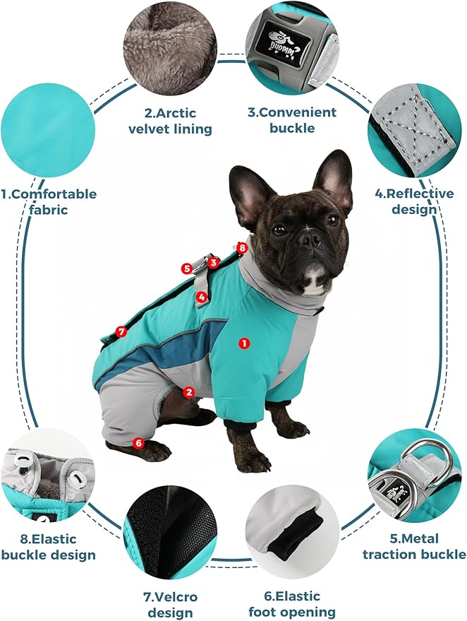 Fullbody Dog Coat Warm Fleece Dog Jacket,4-Legged Reflective Dogs Vest Turtleneck Cold Weather Coat, Waterproof Windproof Puppy Puffer Onesie
