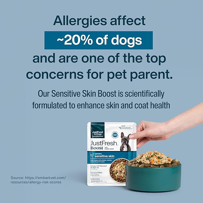 JustFoodForDogs JustFresh Boost Sensitive Skin Dog Food Topper for Immune Support and Healthy Coat, Human-Grade Fresh Pet Meal Booster, 8 oz Pouches - 8 Pack