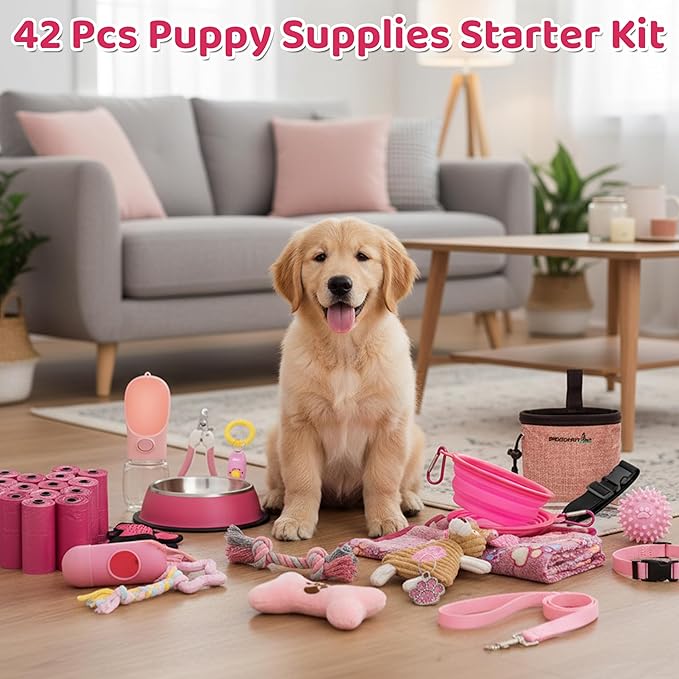 FLYSTAR Puppy Supplies Starter Kit - 42 pcs Puppy Essentials Includes Dog Squeaky Toys, Collar, Leash, Treat Bag, Poop Waste Bag, Blanket, Bowls, Water Bottles, Brush, Training Clicker and More.