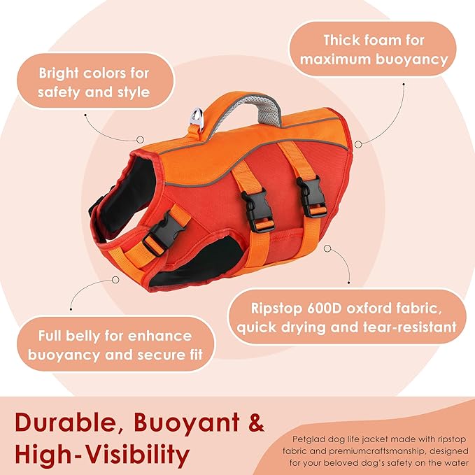 Dog Life Jacket, High Buoyancy Dog Life Vest with Handle for Swimming Boating, Adjustable Swimming Vest with Reflective Trim for Small Medium Large Dogs - Orange, M