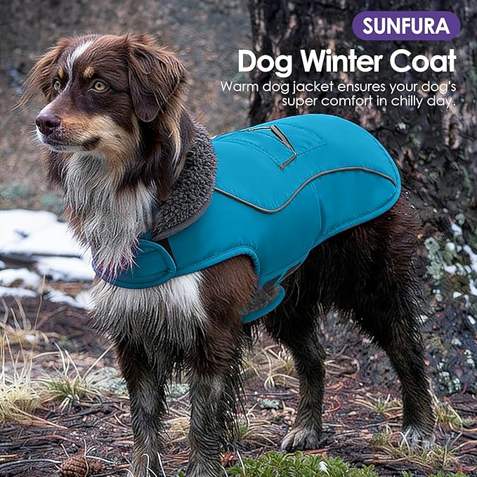 SUNFURA Dog Coat, Large Dog Jacket Reflective Winter Coat for Cold Weather, Windproof Pet Snow Jacket with Pocket, Warm Fleece Sweater Clothes for Large Dogs, Turquoise L