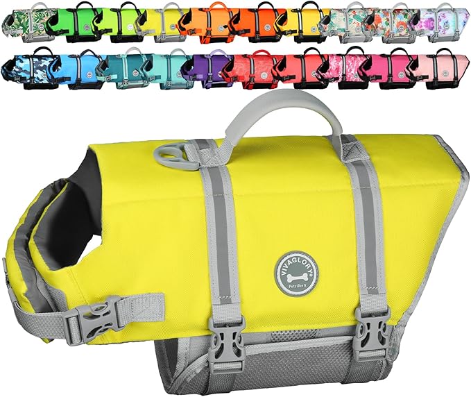VIVAGLORY Rip Stop Dog Life Vest, Swimming Vest with Handle, Buoyancy for Doggy Puppy, Dog Life Jacket for Swimming & Boating, XL, Yellow Grey