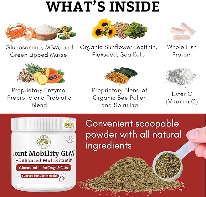 Wholistic Pet Organics - Hip and Joint Supplement for Dogs & Cats - Cat and Dog Joint Supplement - Green Lipped Mussels, Glucosamine, Chondroitin for Dogs & Cat Mobility Support - 4 Lb - 181 Scoops