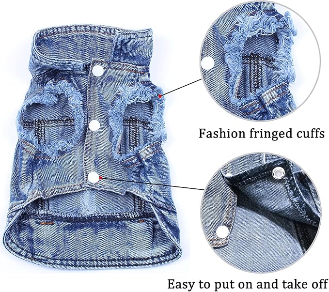 Dog Jean Jacket, Blue Denim Lapel Vest Coat T-Shirt Costume, Cute Girl Boy Puppy Clothes, Comfort and Cool Apparel, for Small Medium Dogs Cats, Machine Washable Dog Outfits (XS, Blue)