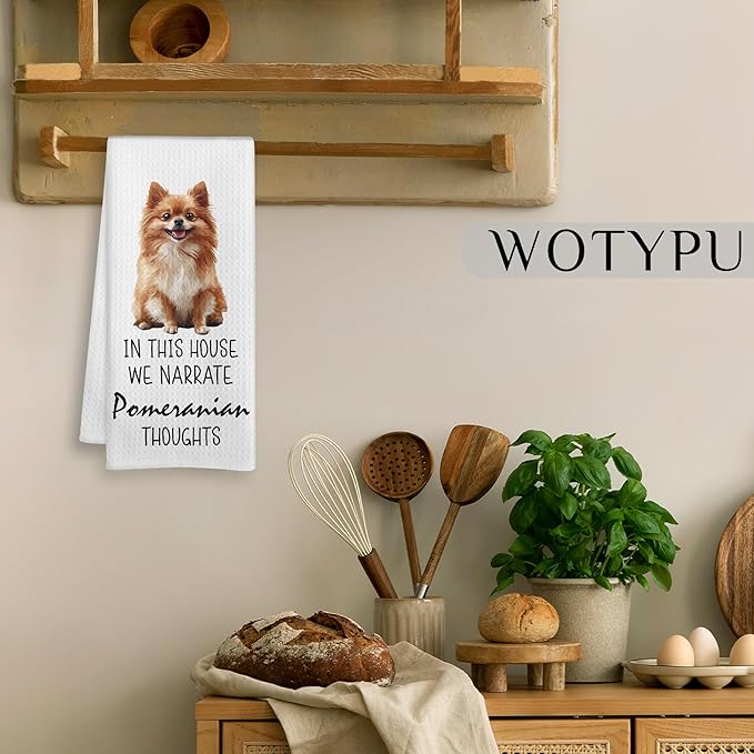 Pomeranian Gifts Kitchen Towels, Dog Lover Gifts Dish Tea Towels, in This House We Narrate Pomeranian Thoughts Humorous Decorative Hand Towel for Bathroom, 16x24 Inch