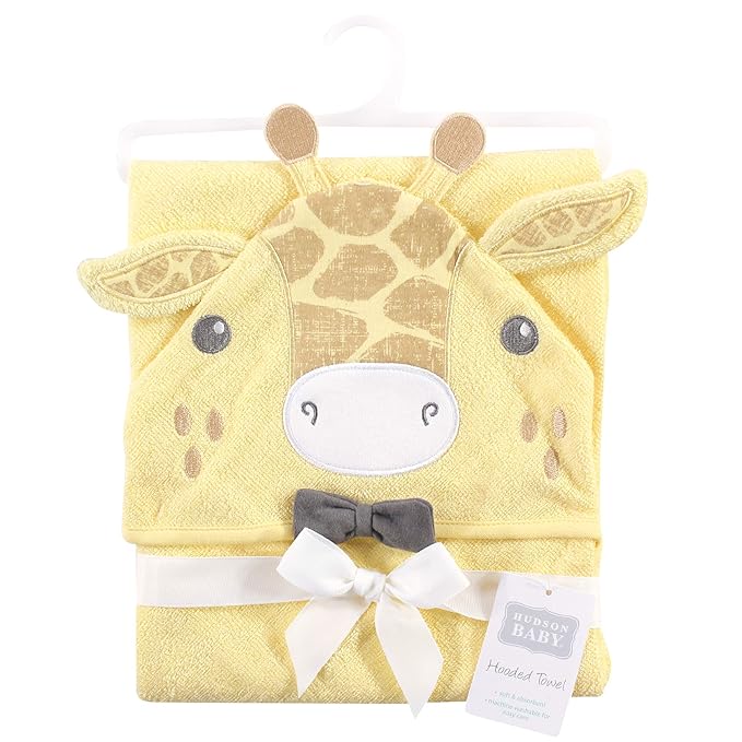 Hudson Baby Unisex Baby Cotton Animal Face Hooded Towel, Bowtie Giraffe, One Size
