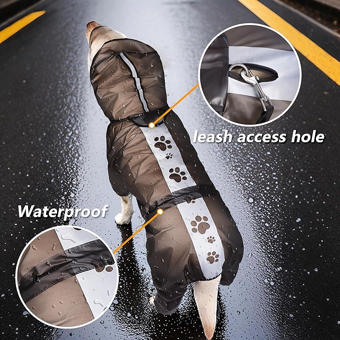 Olsa Dog Raincoat, Dog Hooded Slicker Poncho, 4 Legs Rain Jacket with Reflective Stripe, Transparent Water Proof Resistant Rain Snow Clothes for Small Medium Large (Black, 4XL)