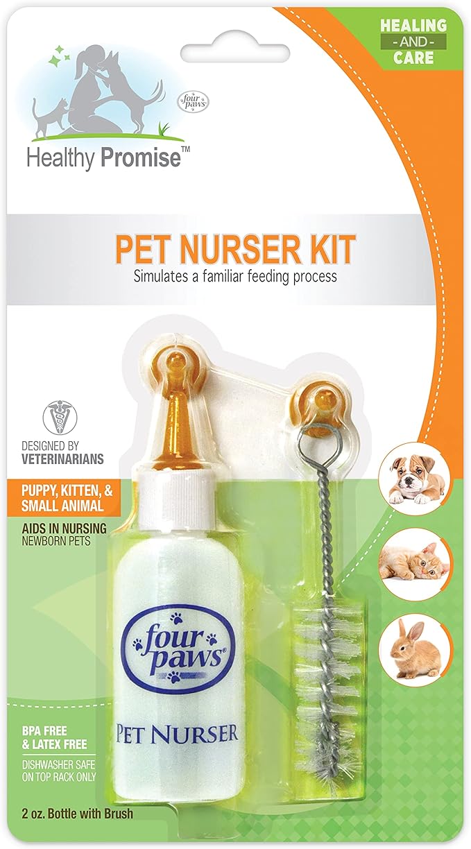 Four Paws Pet Nursing Kit, Feeding Bottle and Brush for Kittens & Puppies, 2 oz.