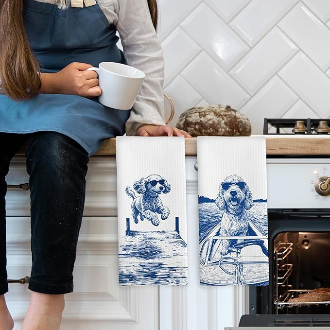 Lake House Decor Cocker Spaniel Kitchen Towels Set of 2, Summer Funny Lake Dog Coastal Bathroom Hand Towel, Dog Lover Gifts Tea Towel Dish Towels 16x24 Inch